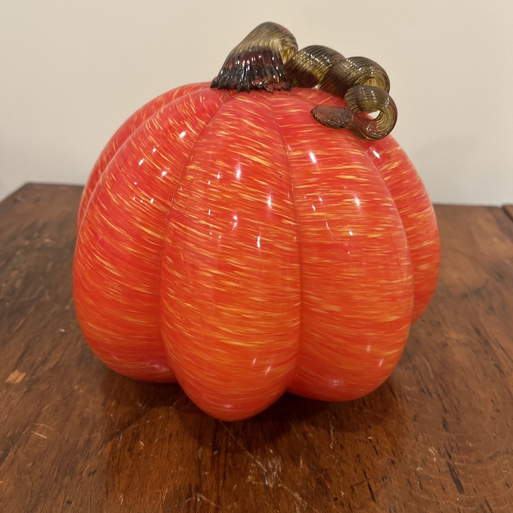 Large Hand Blown Art Glass Pumpkin Orange Fall Halloween Thanksgiving 7"